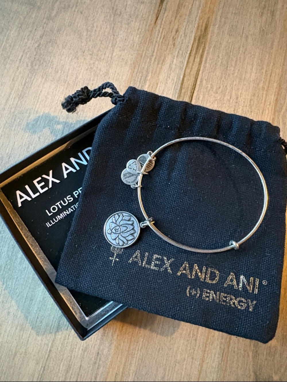 Alex and Ani +Energy Silver Tone Lotus Charm Expandable Bangle Bracelet